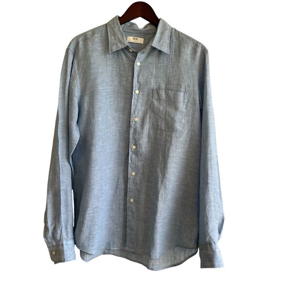Uniqlo Mens 100% Linen Button Up Shirt Size M Breathable Office Casual Blue - Picture 1 of 11